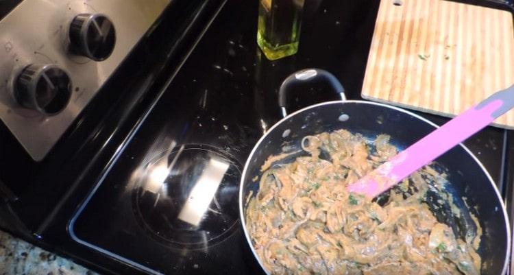 In almost ready beef stroganoff, add fresh chopped greens.