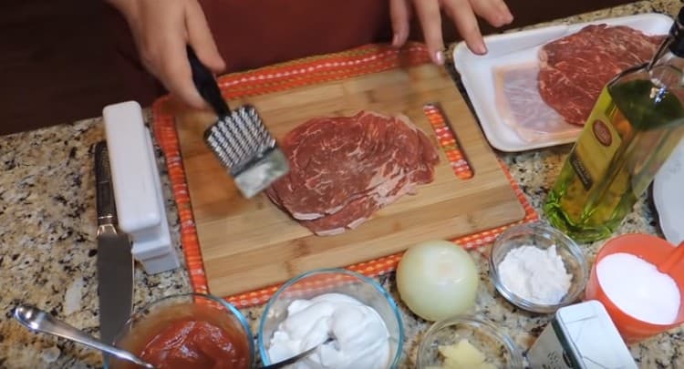 We beat off the meat.