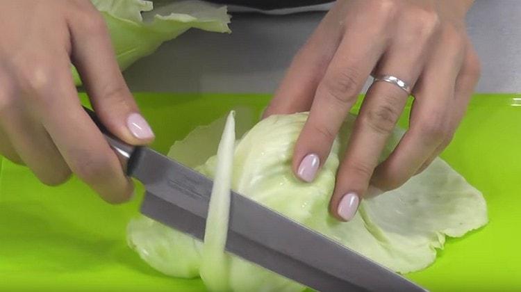 We cut thick veins from the leaves.