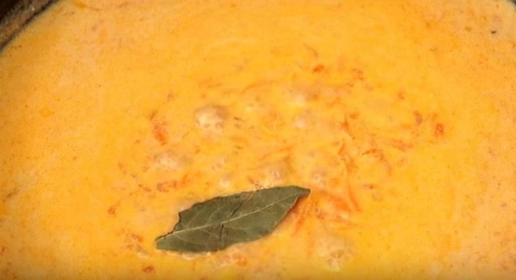 Add salt, pepper, add bay leaf.