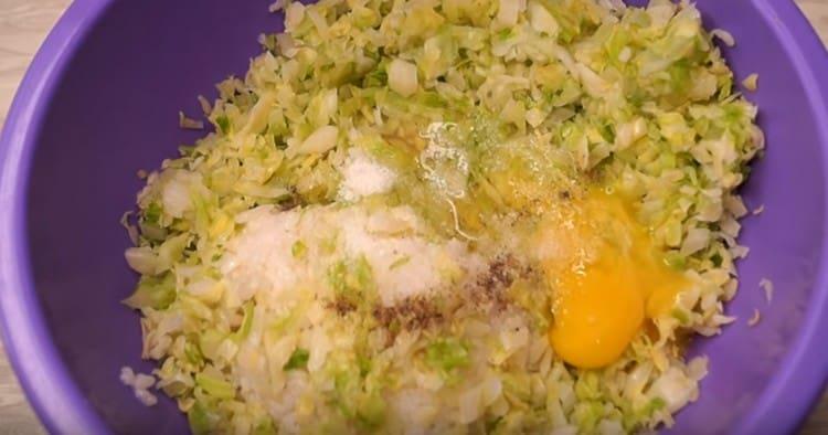 Add salt, pepper, eggs.