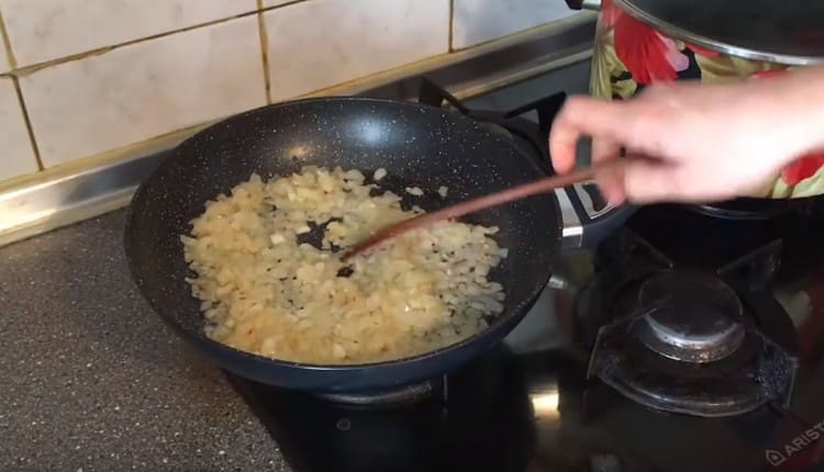 Fry the onions in a pan until transparent.