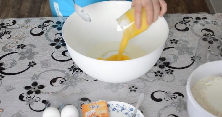 Add salt, sugar, previously melted butter.