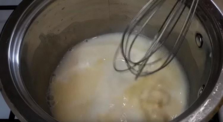 We heat milk with butter.