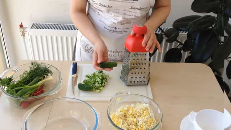 To make okroshka, grate cucumbers