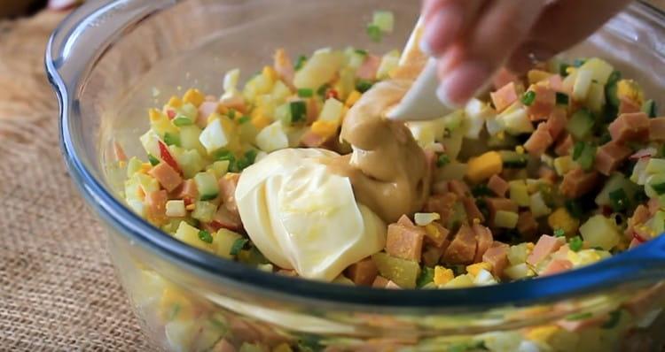 Season the dish with mayonnaise and mustard.