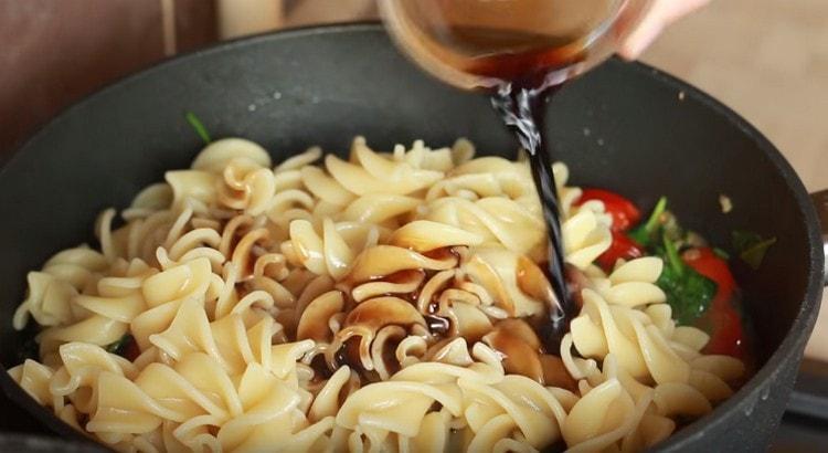 Add some water from cooking pasta and soy sauce.