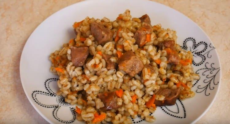 We got a very tasty pilaf from pearl barley with meat.