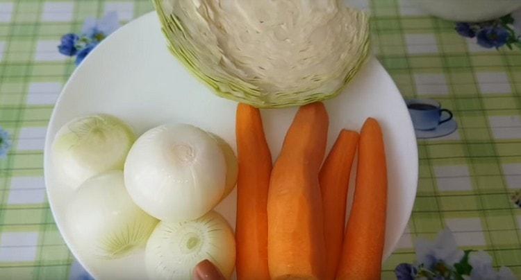 We clean the carrots and onions.