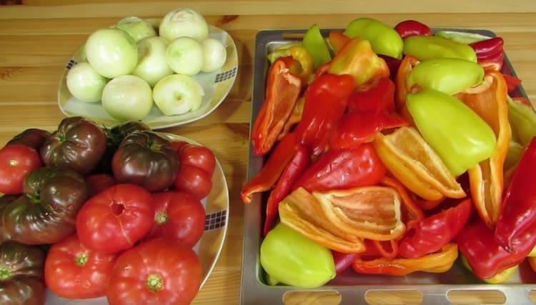 We clean the onions, peppers, tomatoes.