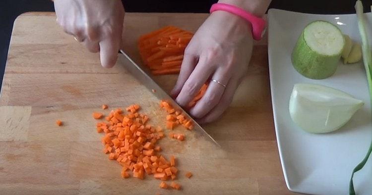 Onion and carrot cut into small cubes.