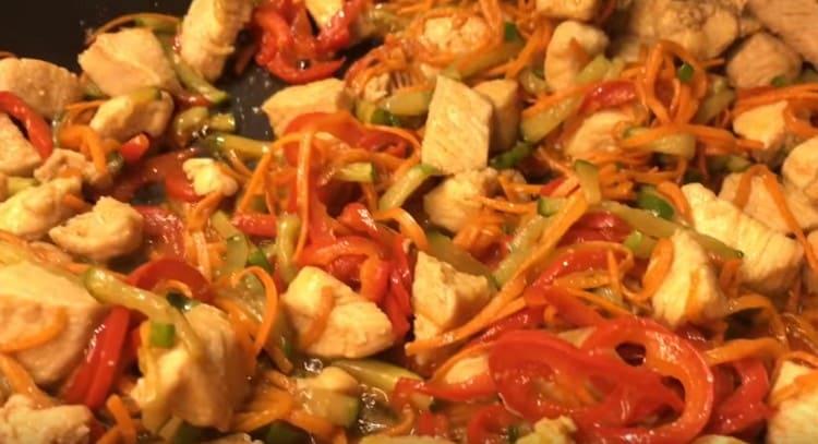 Add all the vegetables to the chicken in the pan, mix.