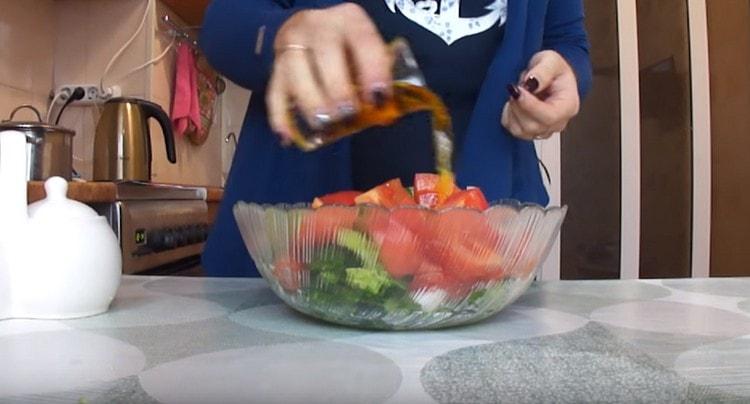 Season the dish with vegetable oil.