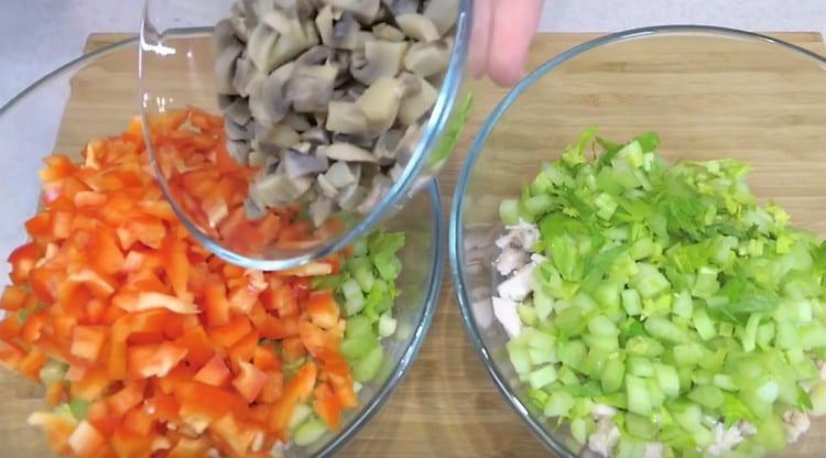 Add mushrooms and bell pepper to one bowl.