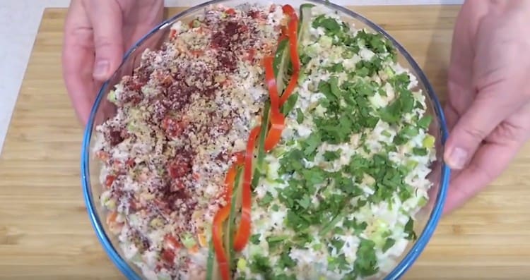 Here we have such an original salad with chicken and celery.