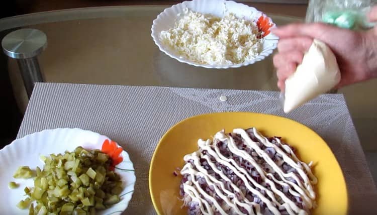 Next, lay out a layer of onion and make a mayonnaise net on it.