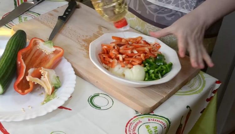 Pickle onions and peppers in wine vinegar.