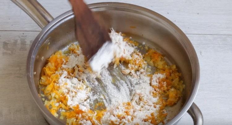 Add flour to vegetables, fry.