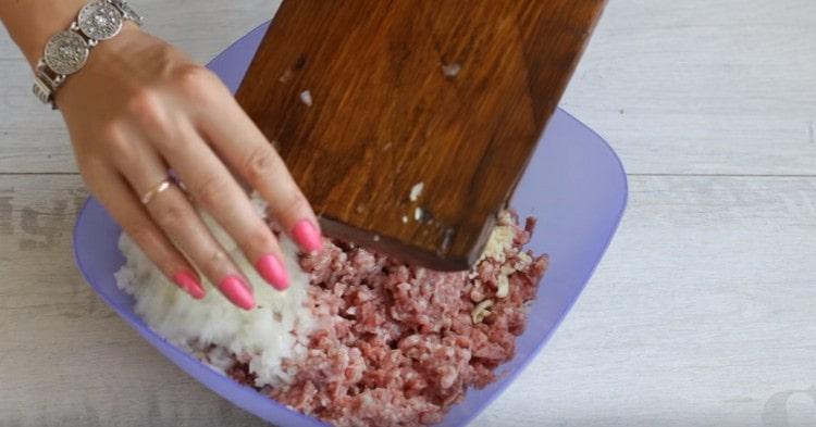 Put the minced meat, onion and garlic in a bowl.