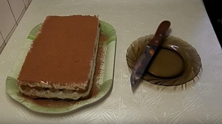 Ready tiramisu with cream and mascarpone without eggs, sprinkle cocoa.