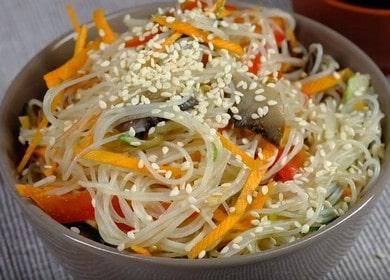 Piquant funchose with mushrooms: cook according to a step by step recipe with a photo.