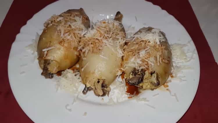 Stuffed squid rice and mushrooms ready