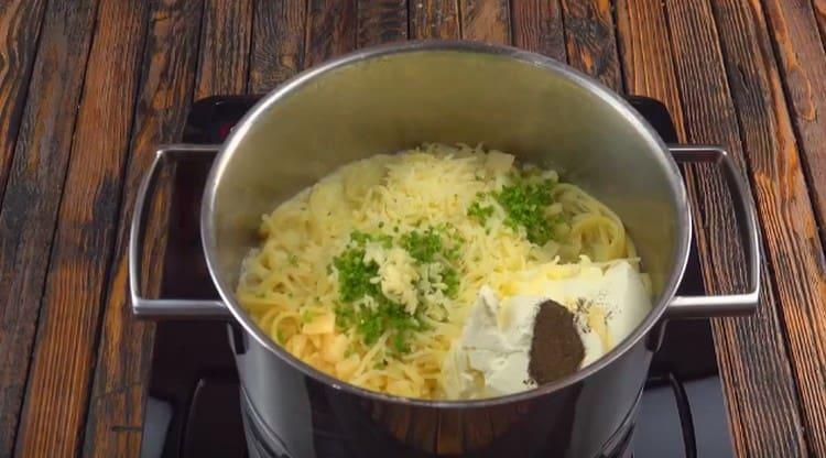 Add chopped herbs, garlic, pepper.