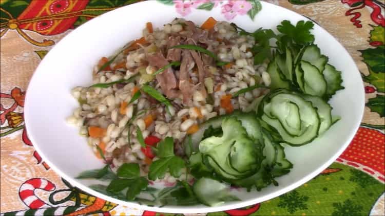 Barley with stew: a step by step recipe with photos
