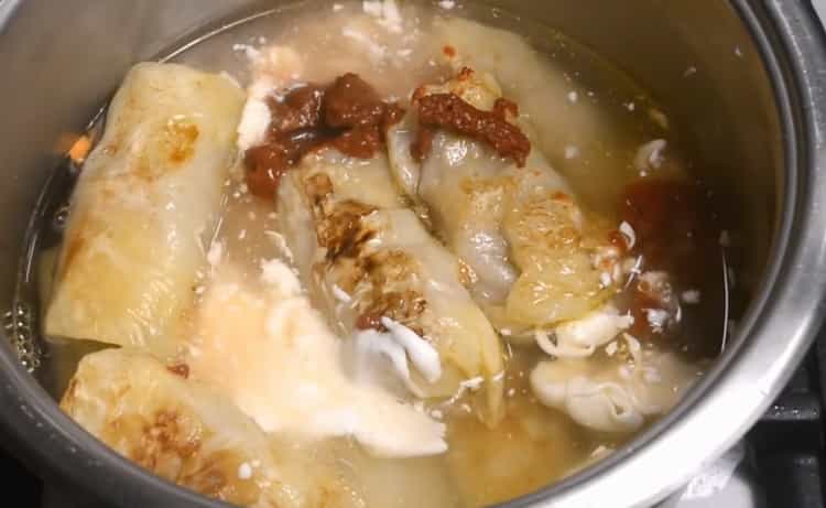 To make cabbage rolls, add tomato paste