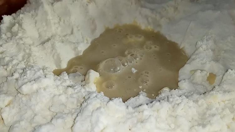 Mix flour and liquid ingredients to make the dough.