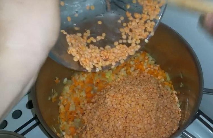 Combine the ingredients to make lentil soup
