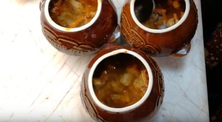 Add water, cover the pots with lids and send to the oven.