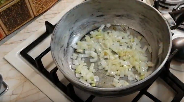 Fry onion in vegetable oil.