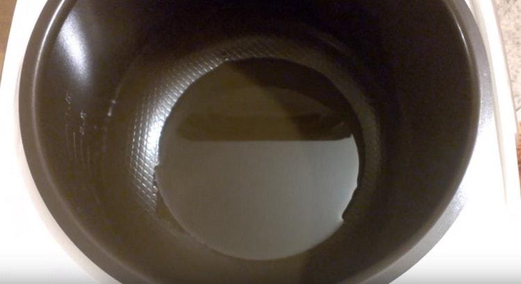 Pour vegetable oil into the multicooker bowl.