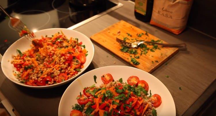 Appetizing buckwheat with vegetables is ready.