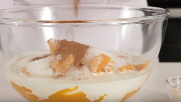 Add cream, eggs, sugar, cinnamon to the pumpkin.