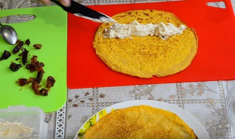 Put cottage cheese on each pancake.