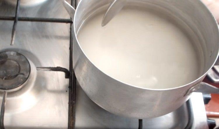 Add sugar to the water and boil the syrup.