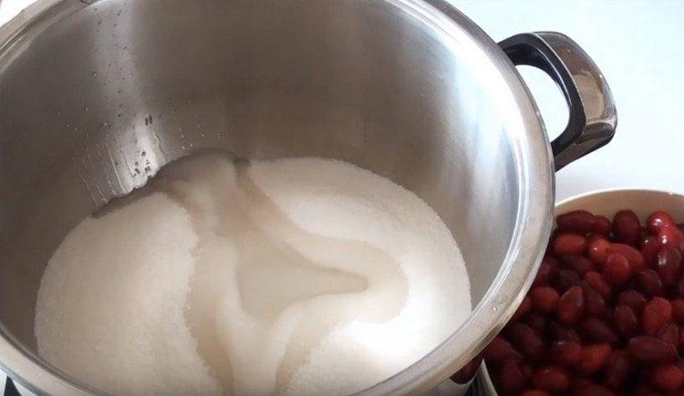 Pour sugar into a saucepan, add water.