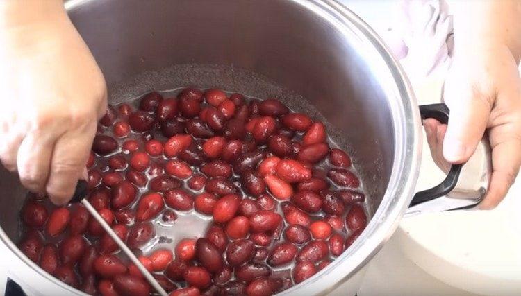 Pour the washed dogwood into the syrup.