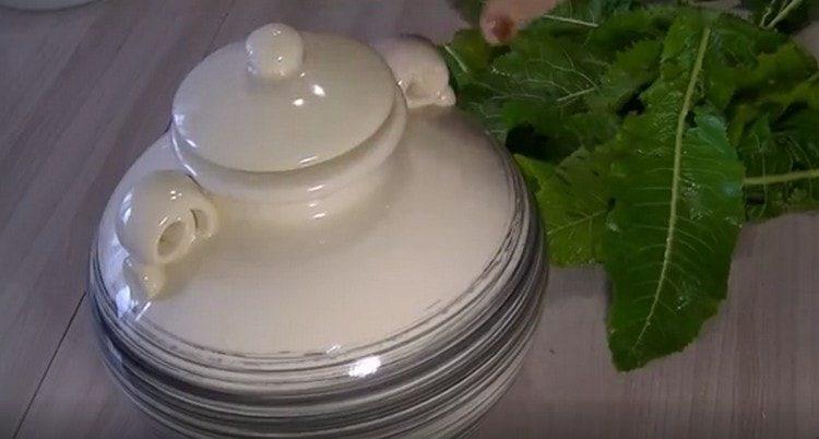 we cover the container with tomatoes with a lid and leave them in a cool place to make kvass.