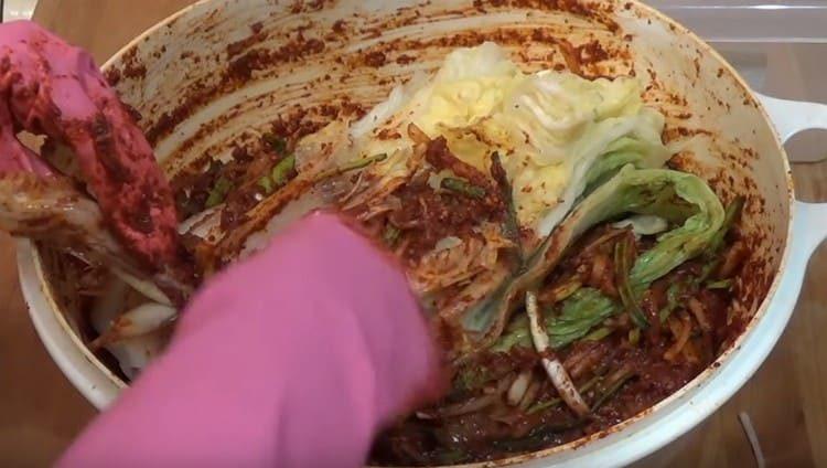 We coat with the resulting mass each leaf of Beijing cabbage.