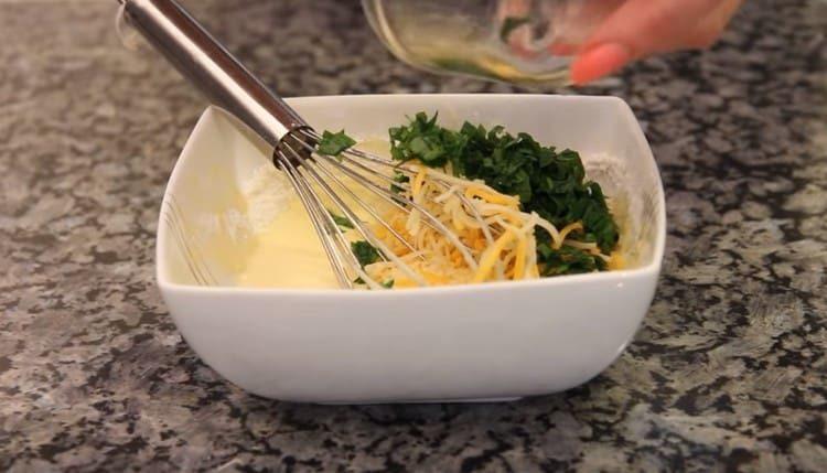 Add the grated cheese and herbs.