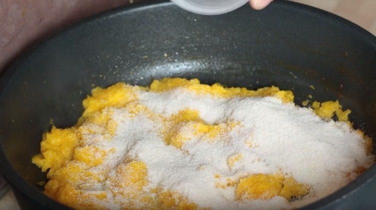 Add a pinch of salt. then sugar and semolina.