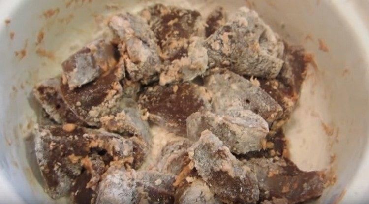 Pieces of liver roll in flour.