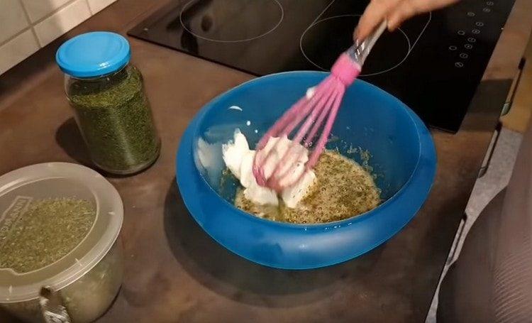 Add sour cream and dried greens to the egg fill.