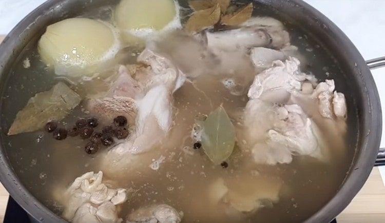 We also add peppercorns and bay leaves.