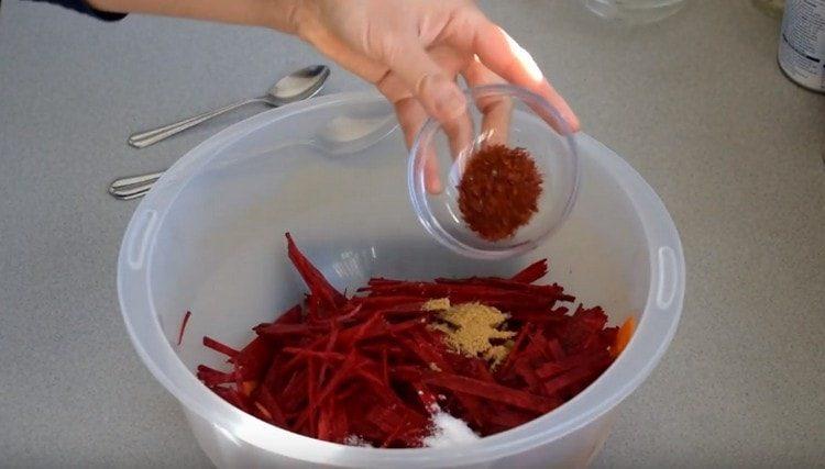 Add salt and sugar to the vegetables.