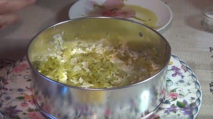 We spread the chopped cucumbers.