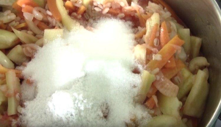 Add salt and sugar, mix everything.